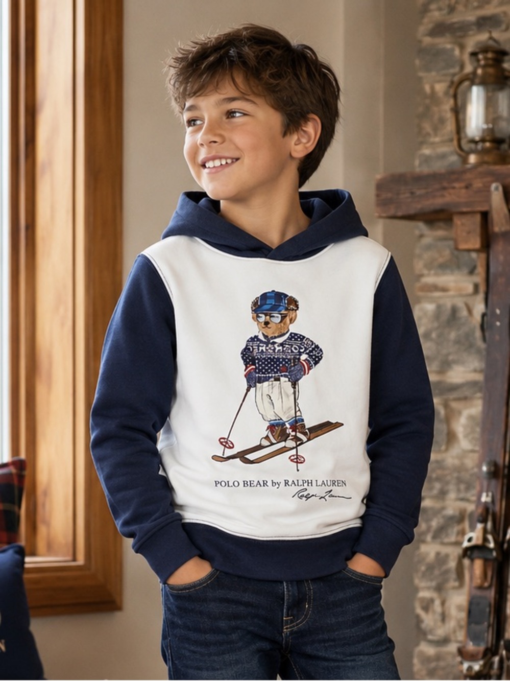 Polo Ralph Lauren Bear Ski Hoodie Boys Sz 10/12 Navy & White Skiing Casual